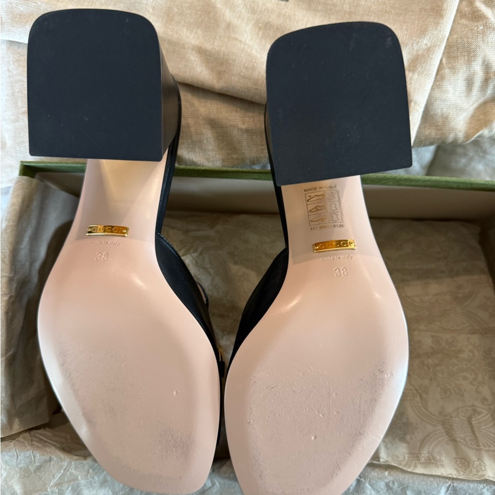 New 👡Gucci Block Heel Mule Sandal - Nero Black & Gold Leather, 7.5 - Picture 11 of 12